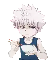 a boy with white hair is eating something with chopsticks