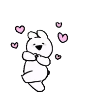 a white bunny rabbit is surrounded by pink hearts on a white background .