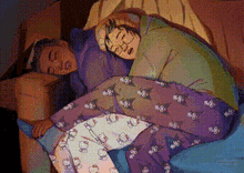 a cartoon of two people sleeping on a bed . one of the people is wearing hello kitty pajamas .