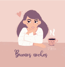 a woman leaning on a table with a cup of coffee and the words buenos noches on the bottom