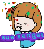 a cartoon of a girl covering her nose with her hand and the words sue senget behind her