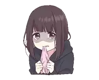 a girl is crying while holding a pink cloth in her hands .