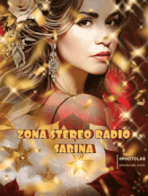 a picture of a woman with the words zona stereo radio sabina on the bottom