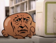 a cartoon character with an angry face is looking at something