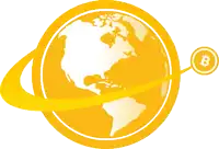 a globe with a yellow ring around it and a circle with the letter b in it