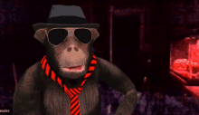 a chimpanzee wearing a hat and sunglasses with a red and black striped tie