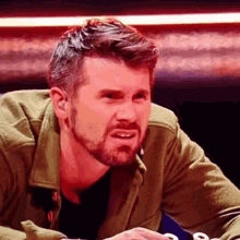 a man with a beard wearing a green jacket is making a funny face .