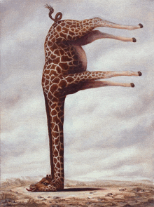 a painting of a giraffe with its head upside down