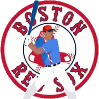 a boston red sox logo with a man swinging a bat