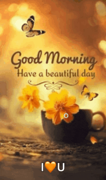 a cup of coffee with yellow flowers and butterflies on a table .