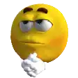 a yellow smiley face with big eyes and a white hand is thinking .