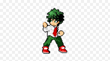 a pixel art drawing of a boy in a white shirt and green pants .