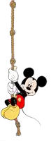 a cartoon of mickey mouse hanging on a rope with a white background