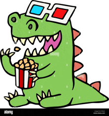 a cartoon dinosaur wearing 3d glasses and eating popcorn