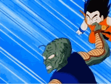 a cartoon of goku and piccolo fighting each other in a blue background .