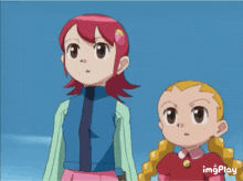 two cartoon girls are standing next to each other with a blue sky in the background and the words imgplay on the bottom