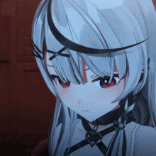 a girl with long white hair and red eyes is wearing a choker