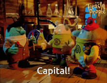 a group of cartoon characters standing in front of a sign that says capital on it