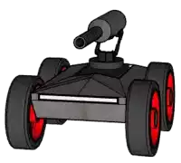 a drawing of a robot with red wheels and a gun on top