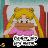 a cartoon of a girl covering her face with a box and the words bentar ako lagi maem on the bottom