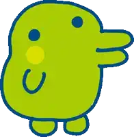 a green cartoon character with a blue nose and yellow cheeks