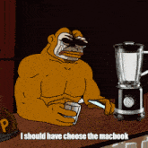 a cartoon of a monkey holding a glass next to a blender that says " i should have choose the mabook "