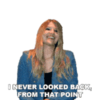 a woman in a blue jacket is saying " i never looked back from that point "