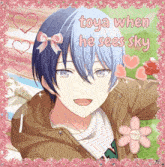 a picture of a boy with the words toya when he sees sky above him