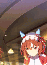 a red haired anime girl with blue ears and red bows on her head
