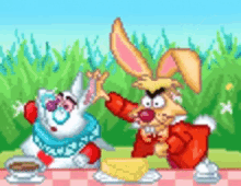 a cartoon of a rabbit and a white rabbit having a picnic