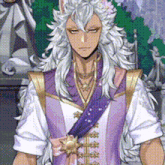 a man with long white hair is wearing a purple and white outfit and a necklace .