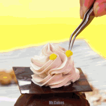 a close up of a person decorating a dessert with the words mr.cakes visible