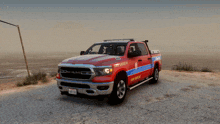 a red pickup truck with the word command on it