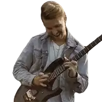 a man in a denim jacket is playing a guitar on a white background