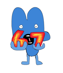 a blue cartoon character is holding a red letter t