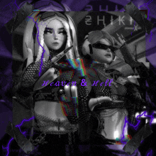 a black and white photo of two girls with the words heaven & hell