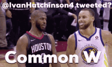 two basketball players from the houston rockets and golden state warriors stand next to each other