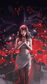 a woman in a white dress with a butterfly on her face is surrounded by red petals