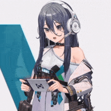 a girl is wearing headphones and holding a tablet that says game on it