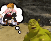 shrek is looking at a cartoon of a woman with a speech bubble above her head