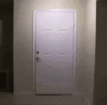 a white door is open in a dark hallway .