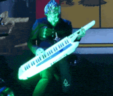 a man in a green suit is playing a keyboard with the number 4 on his leg