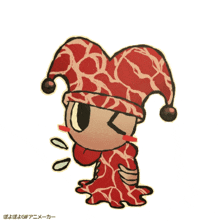 a cartoon character wearing a jester hat and a red dress