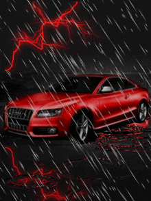 a red car is in the rain with a lightning bolt behind it