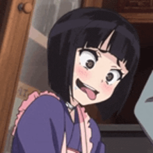 a cartoon girl with short black hair is making a funny face with her tongue out .