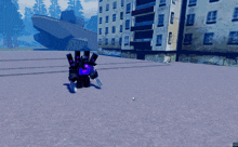 a computer screen shows a purple monster in front of a large building