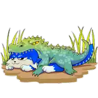 a cartoon drawing of a blue and white dog laying next to an alligator