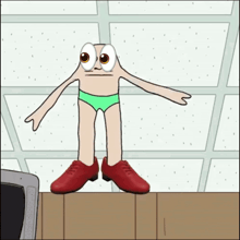 a cartoon character wearing green underwear and red shoes stands on a table