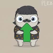 a cartoon character is holding a green arrow up