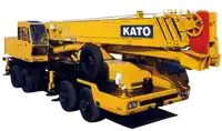 a yellow kato truck with a crane attached to the back